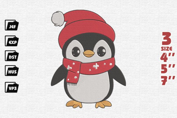 Cute Christmas Penguin with Snowflake Scarf Embroidery Design