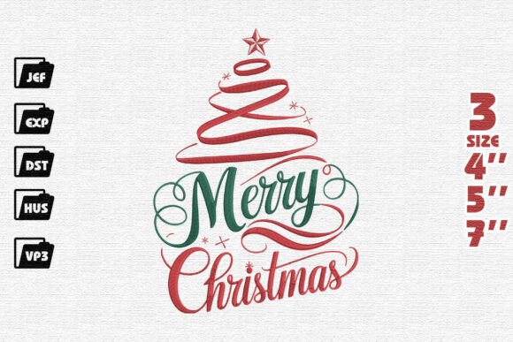 Elegant Merry Christmas with Ribbon Tree Embroidery Design